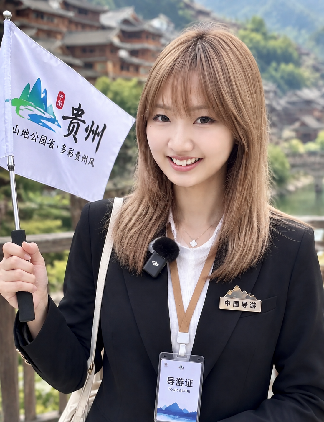 菲菲手持貴州導遊旗的照片
